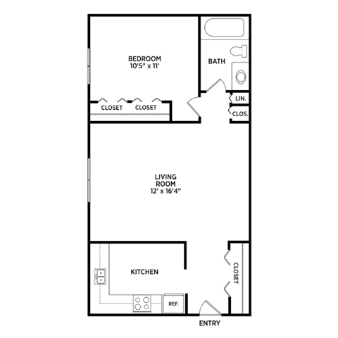 1 bedroom 1 bathroom floor plan at Brookport Apartments in East Lansing near Michigan State University